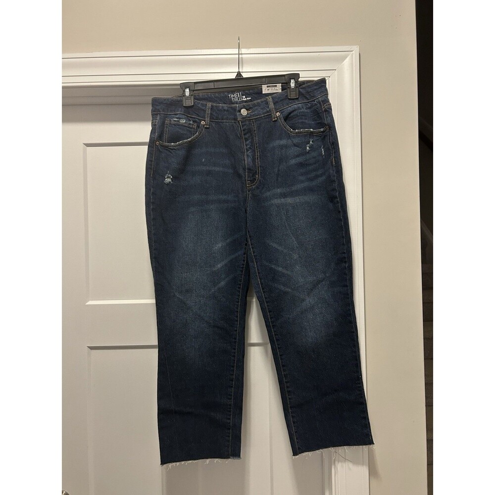Time and Tru Straight Crop Jean Womens Sz 16 Distressed High Rise Dark Wash NWT